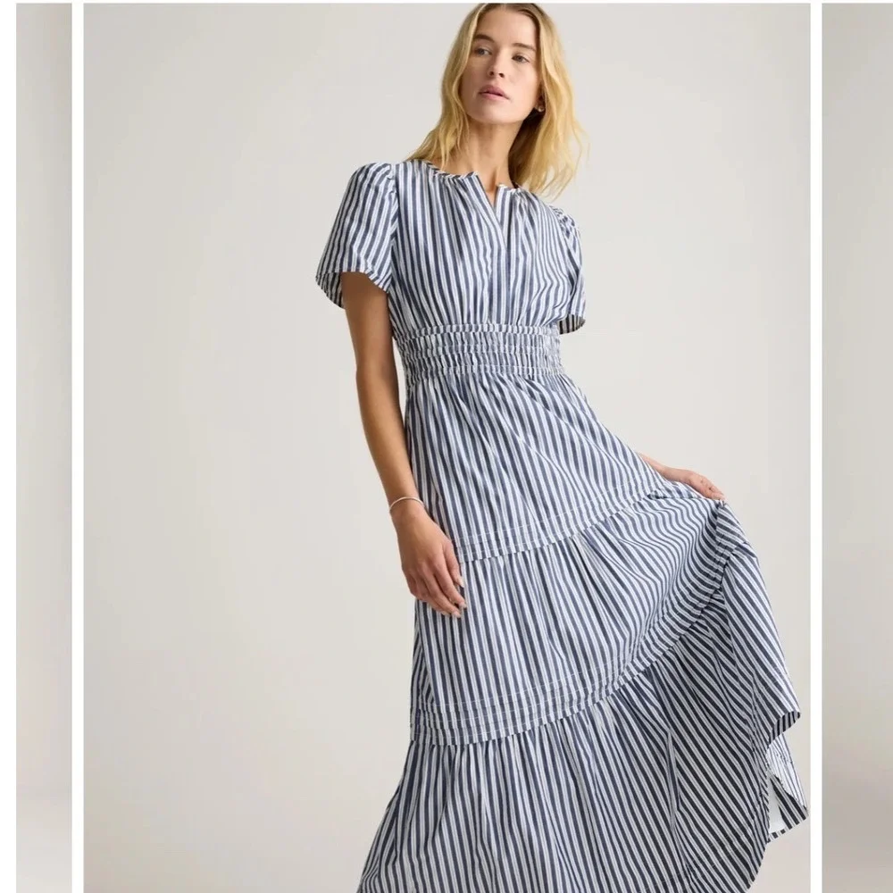 Quince Organic Cotton Tiered Maxi Dress‎ Navy White Stripe Smocked Resortwear M - Picture 9 of 17